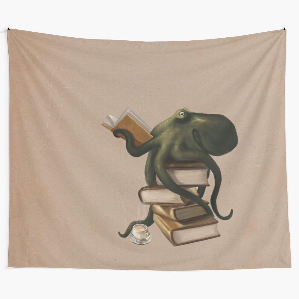 A well-read octopus holding a stack of books, creating a cozy and literary wall tapestry