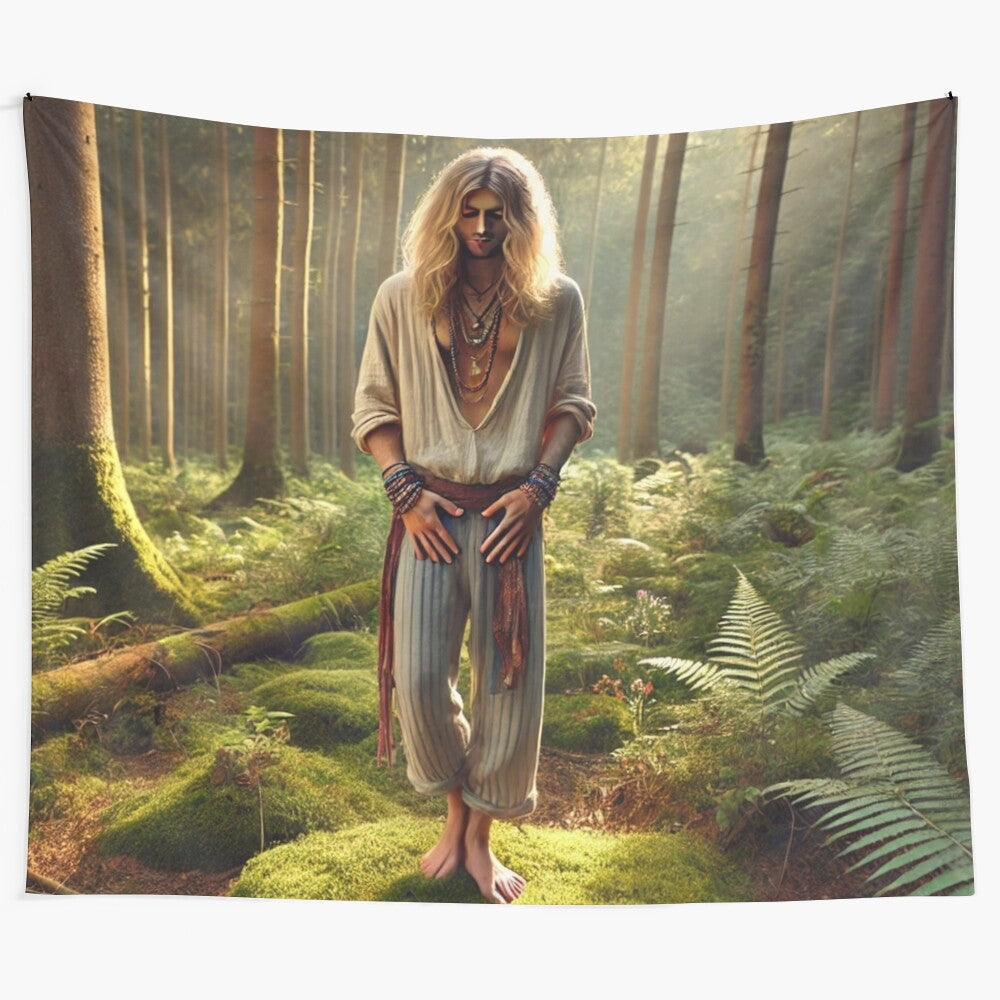 Hippie man grounding in a lush forest with trees, ferns, and moss