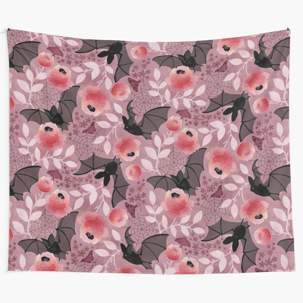 Pastel bat floral tapestry featuring a nature-inspired gothic design