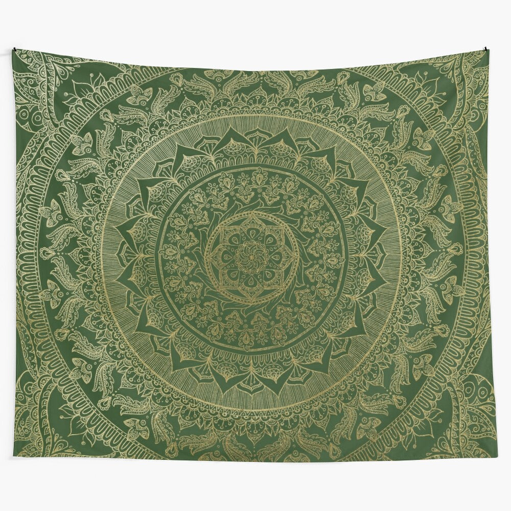 Green and gold mandala tapestry wall art