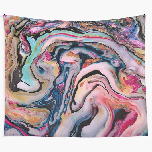 Colorful abstract fantasy tapestry featuring fluid, iridescent waves and marbling