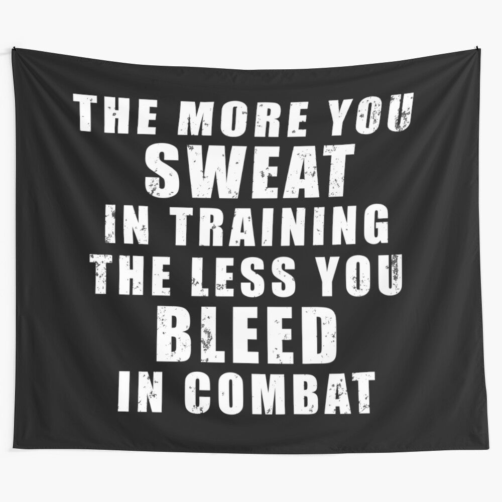 Motivational tapestry featuring a military-inspired quote for success in life and combat