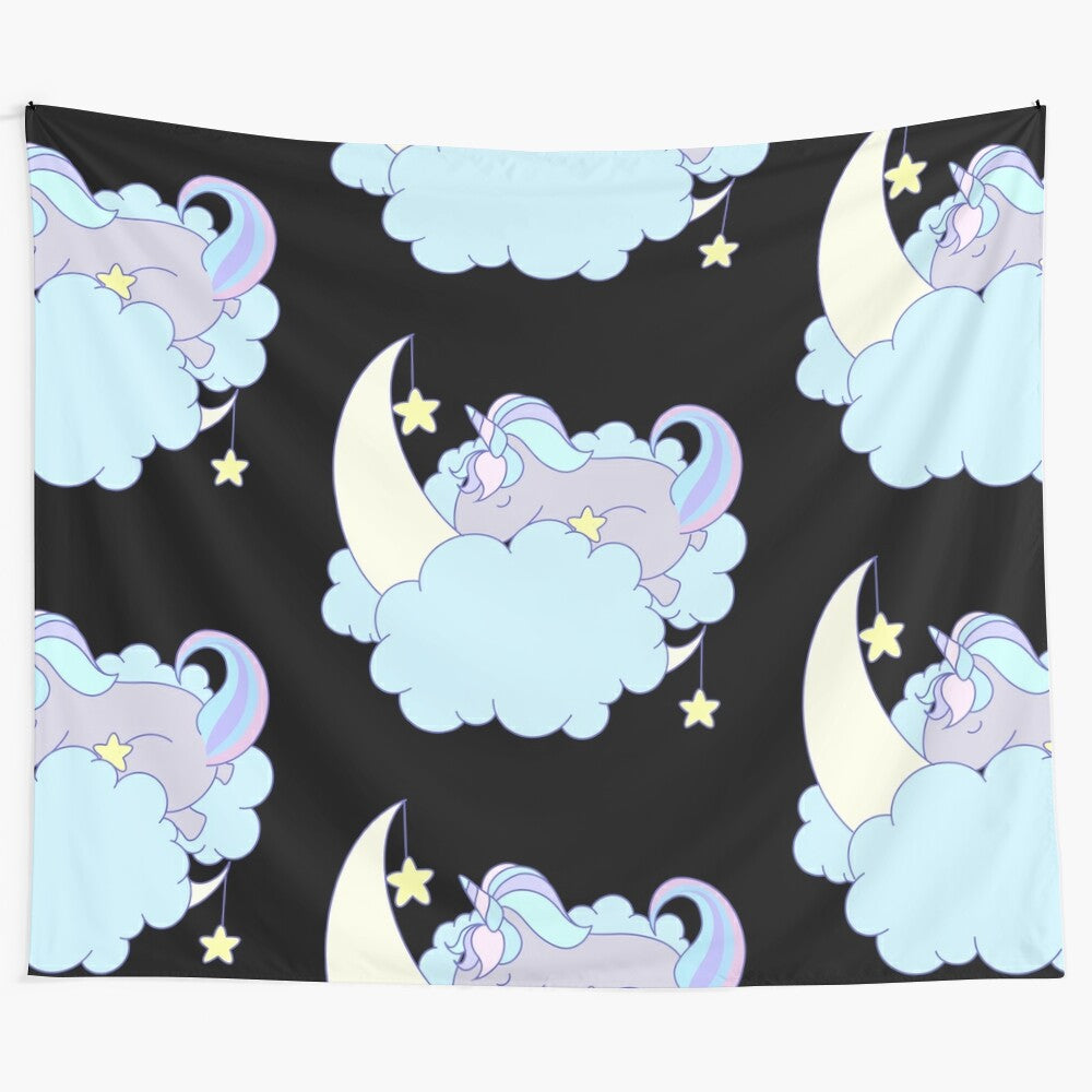 Colorful tapestry depicting a sleeping unicorn in a magical, whimsical design