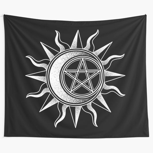 Vintage pentagram tapestry with celestial moon and sun design