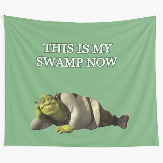 "This is My Swamp Now" Shrek-inspired green and brown tapestry with swamp and meme design