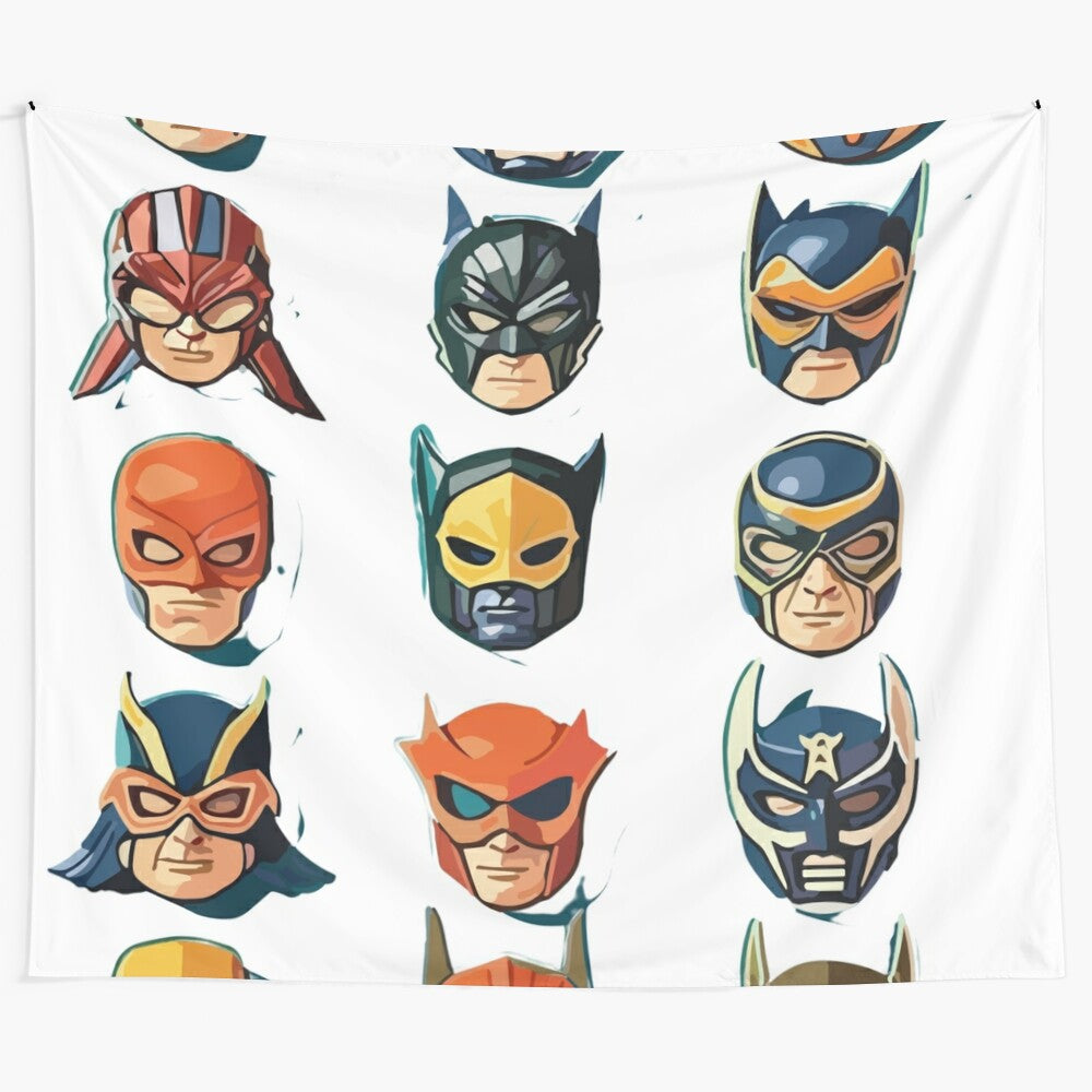 Colorful tapestry with superhero-themed masks pattern design