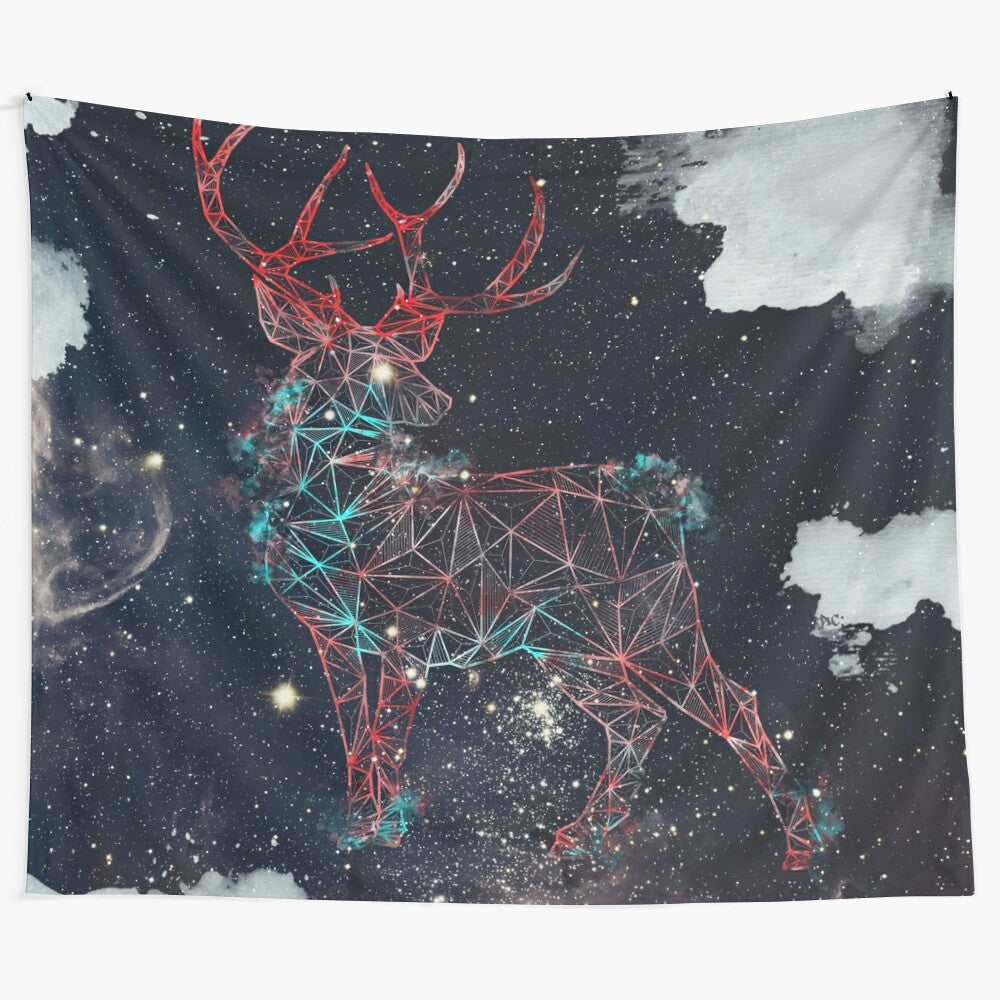 Celestial deer tapestry featuring a deer silhouette against a starry galaxy background