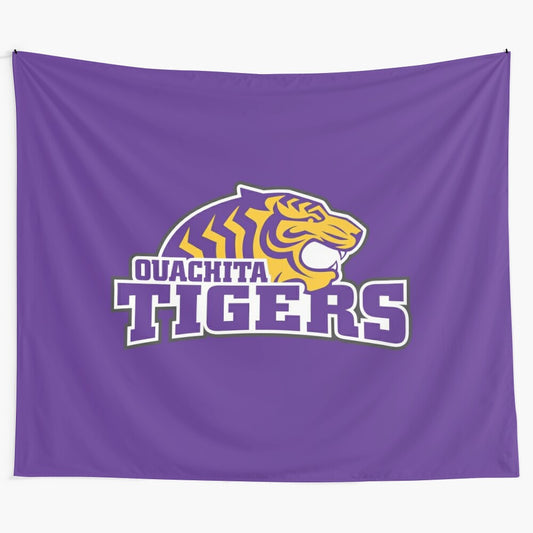 Ouachita Baptist University tapestry featuring school colors and logo