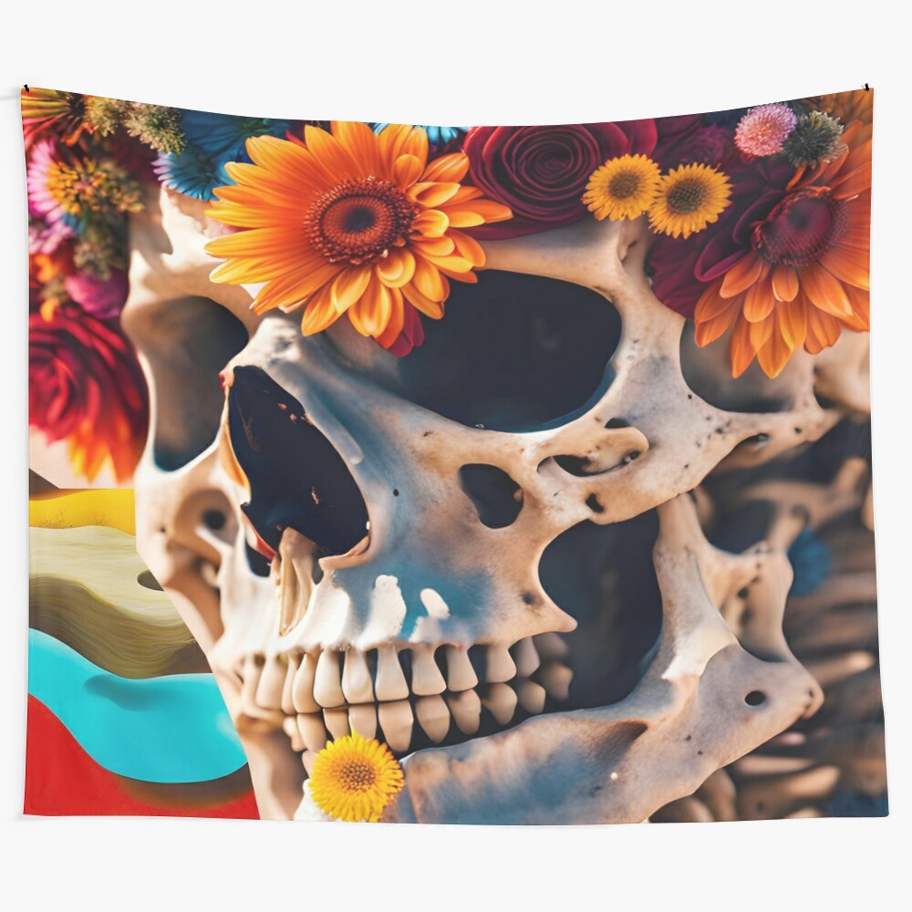 Colorful skull and flower tapestry with a boho, gothic aesthetic