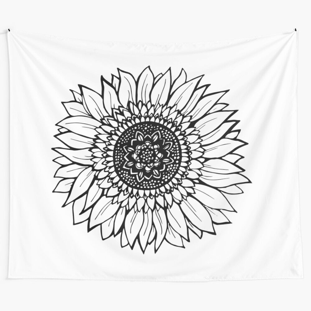 Sunflower illustration tapestry with mandala pattern in yellow and black