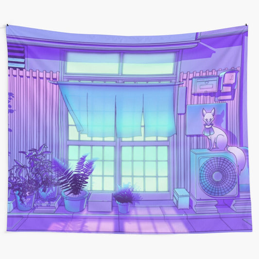 Inari Night Tapestry featuring a magical kitsune fox against a pastel purple and pink night sky