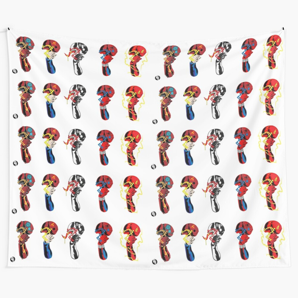 Superhero football helmets tapestry featuring Marvel and DC characters