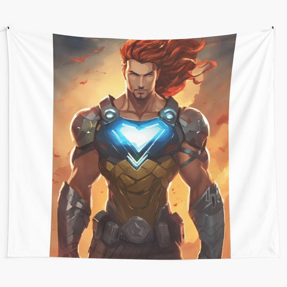 Superhero tapestry with a powerful figure showcasing immense strength