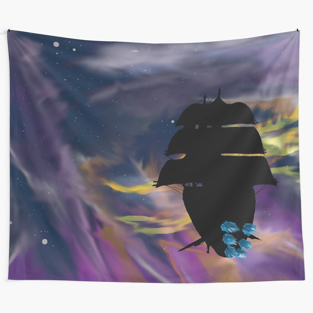 Stunning tapestry featuring a sailing ship among a sea of stars and galaxies