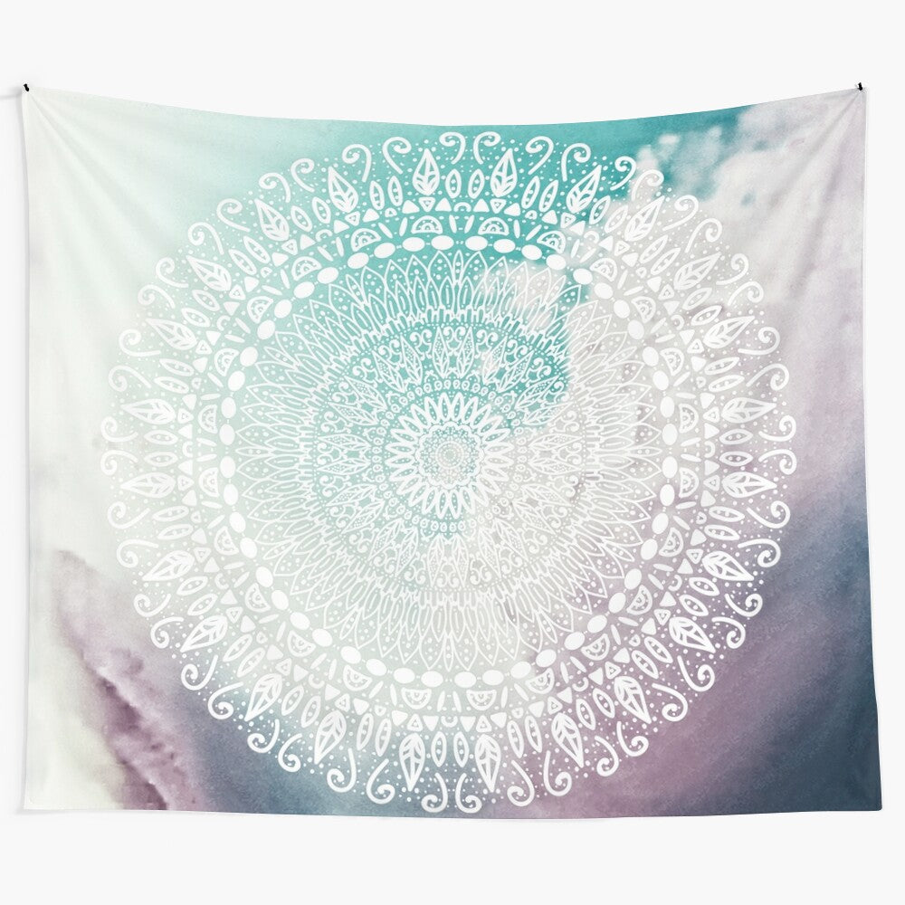 Colorful mandala tapestry with rainbow clouds and landscape design