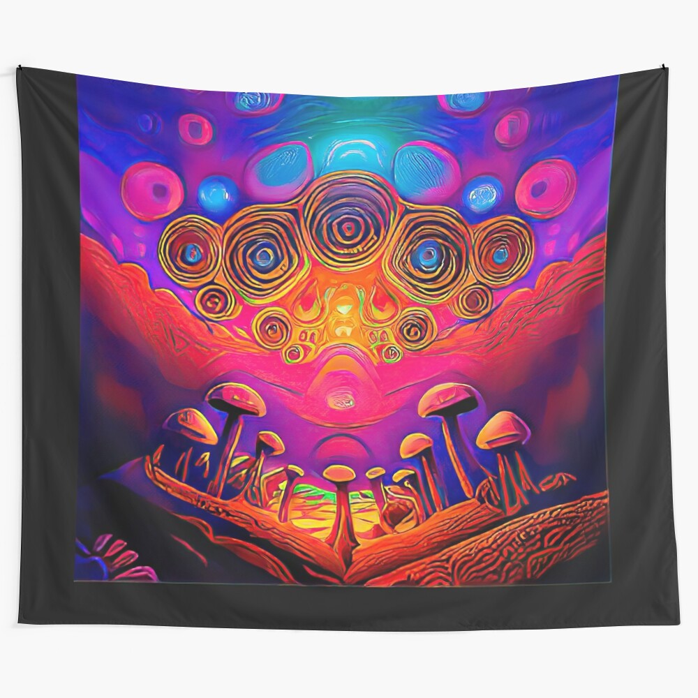 Trippy psychedelic mushroom tapestry with vibrant colors and abstract patterns