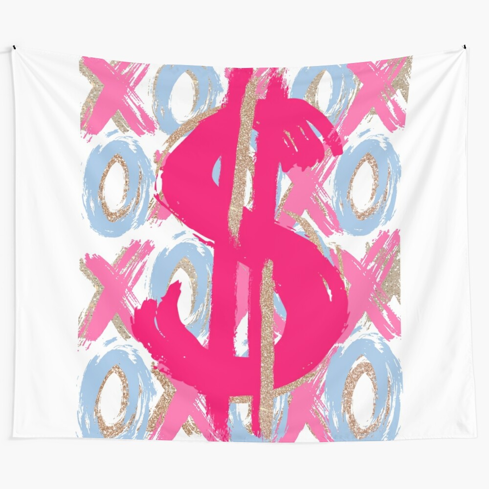 Preppy pink and gold dollar sign tapestry with glitter accents