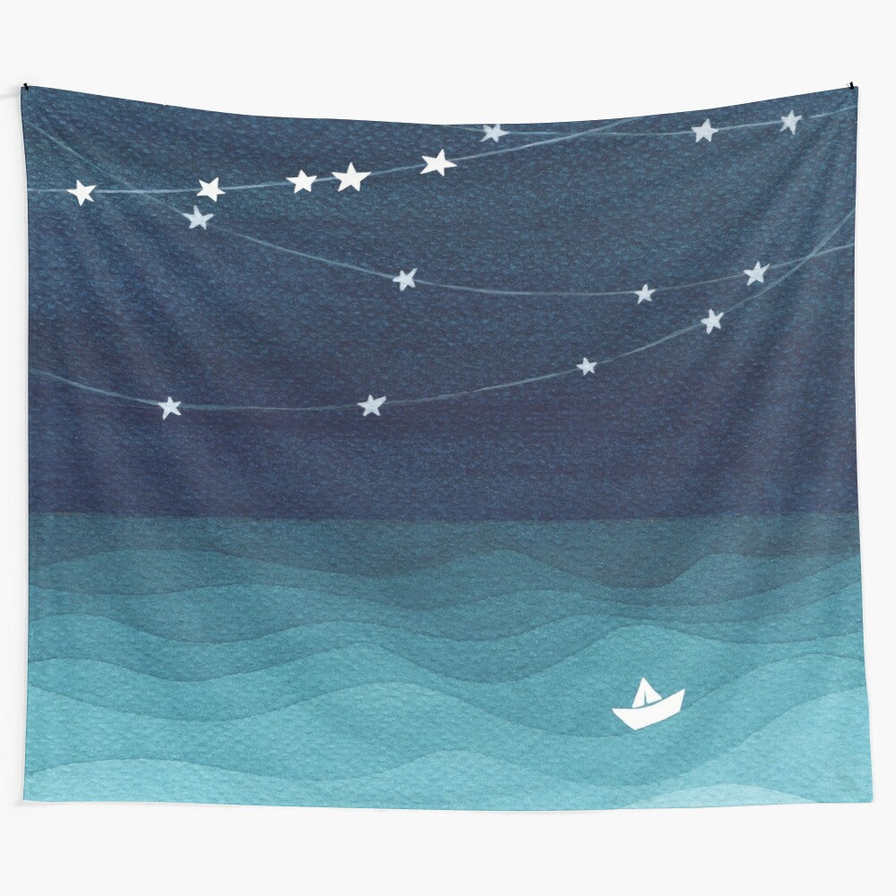 Teal ocean tapestry with watercolor sailing garland and stars