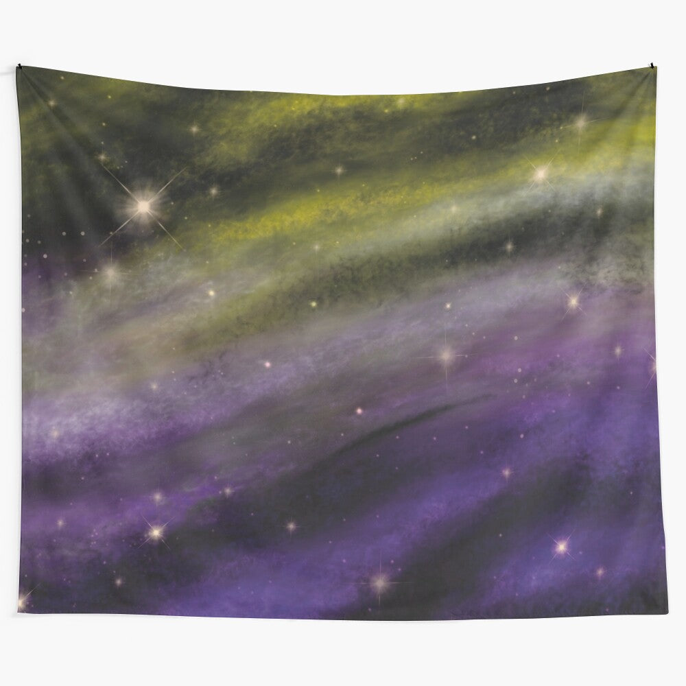 Vibrant tapestry depicting a colorful nebula in space with nonbinary pride colors and symbols.