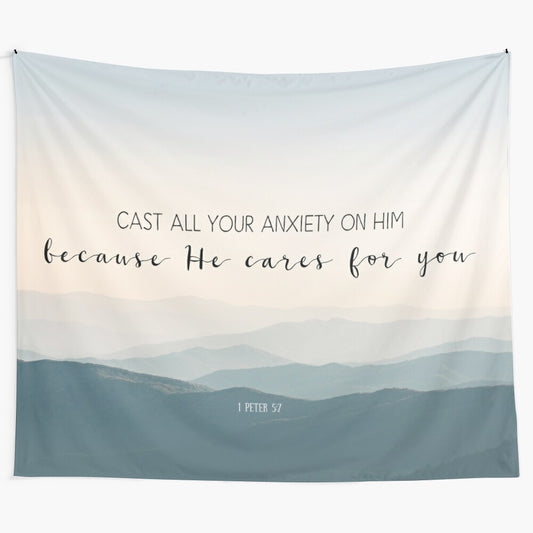 Tapestry featuring a Christian bible verse quote and a nature landscape design.