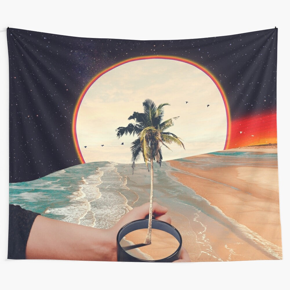 Surreal tapestry featuring a cup of sunshine against a backdrop of nature and tropical elements