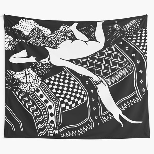 Parisian-inspired tapestry depicting a woman in a black and white woodcut-style portrait