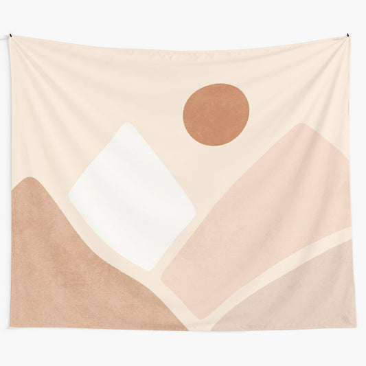 Neutral boho mountain tapestry with warm, earthy tones and abstract design