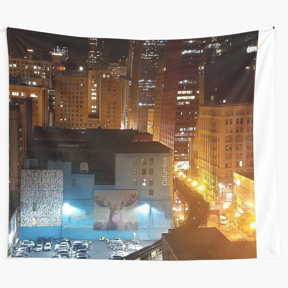 Tapestry showcasing Chicago's Columbia College campus at night with urban skyline