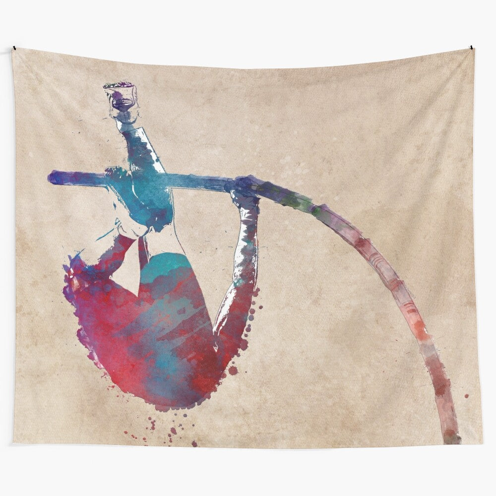 Artistic pole vault tapestry featuring an action-packed scene of a pole vaulter in mid-jump