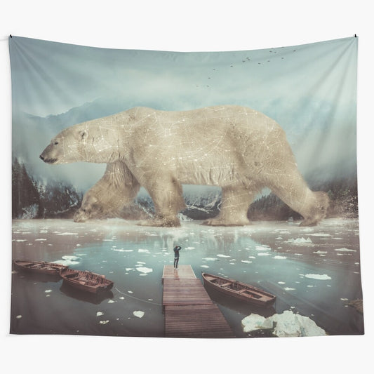 Tapestry featuring a polar bear navigator guiding through the night sky with stars and constellations