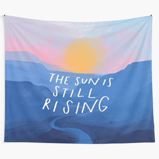 Inspirational abstract blue mountain sunrise landscape tapestry by artist Morgan Harper Nichols