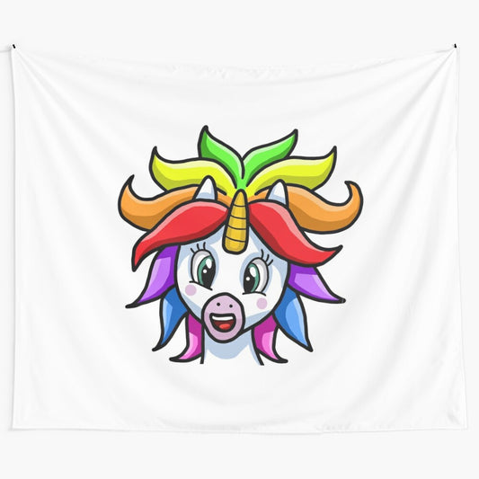 Colorful tapestry featuring a unique unicorn with vibrant, wild hair