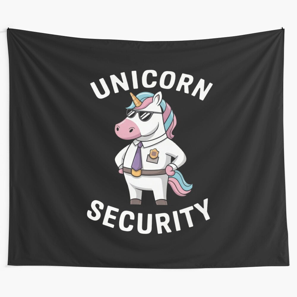 Whimsical unicorn security guard tapestry with a pink maned unicorn wearing sunglasses and a security uniform