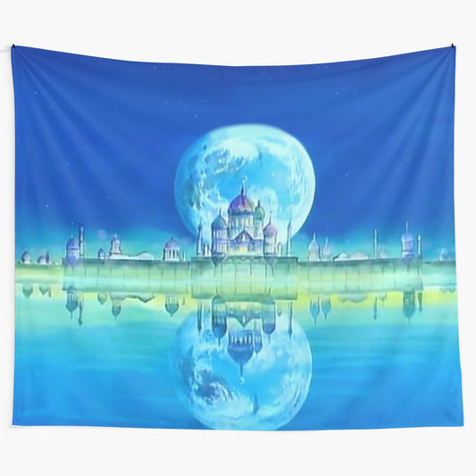 Pastel anime scenery tapestry featuring soft colors, buildings, and a serene aesthetic inspired by the Sailor Moon series