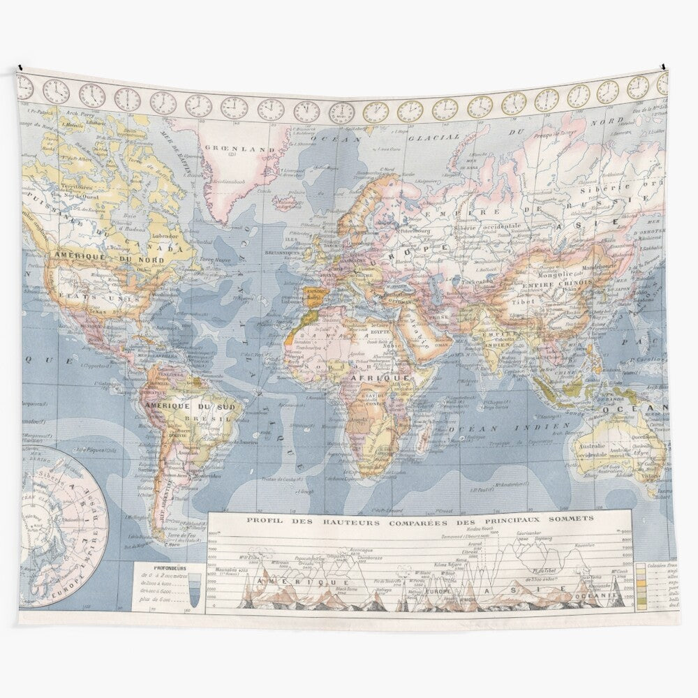 Vintage-style world map tapestry featuring an antique cartographic design from the year 1900