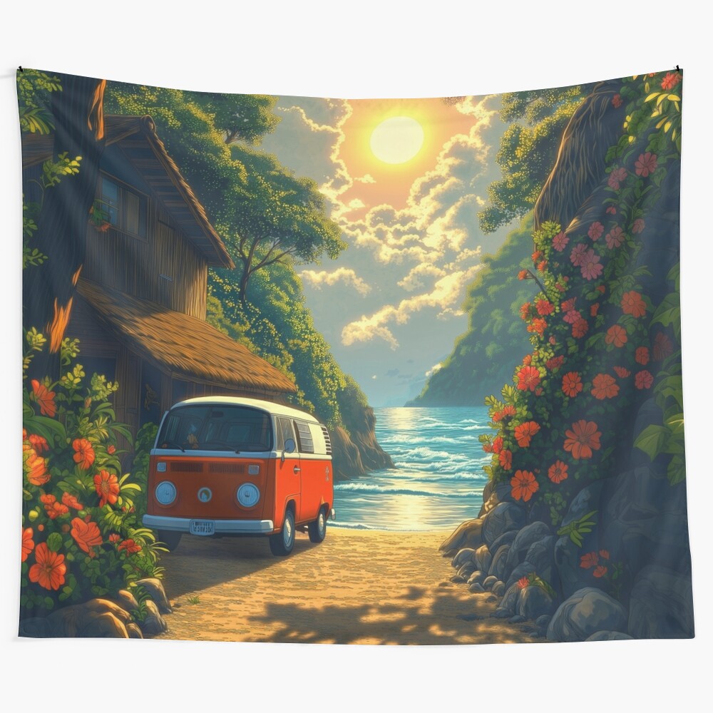 Retro hippie beach landscape tapestry with anime-inspired elements