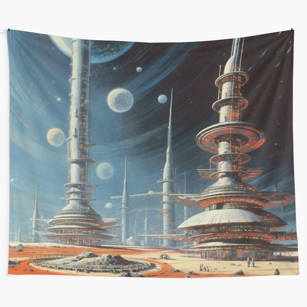 Retro futuristic NASA space art tapestry featuring toroidal colony and clouds