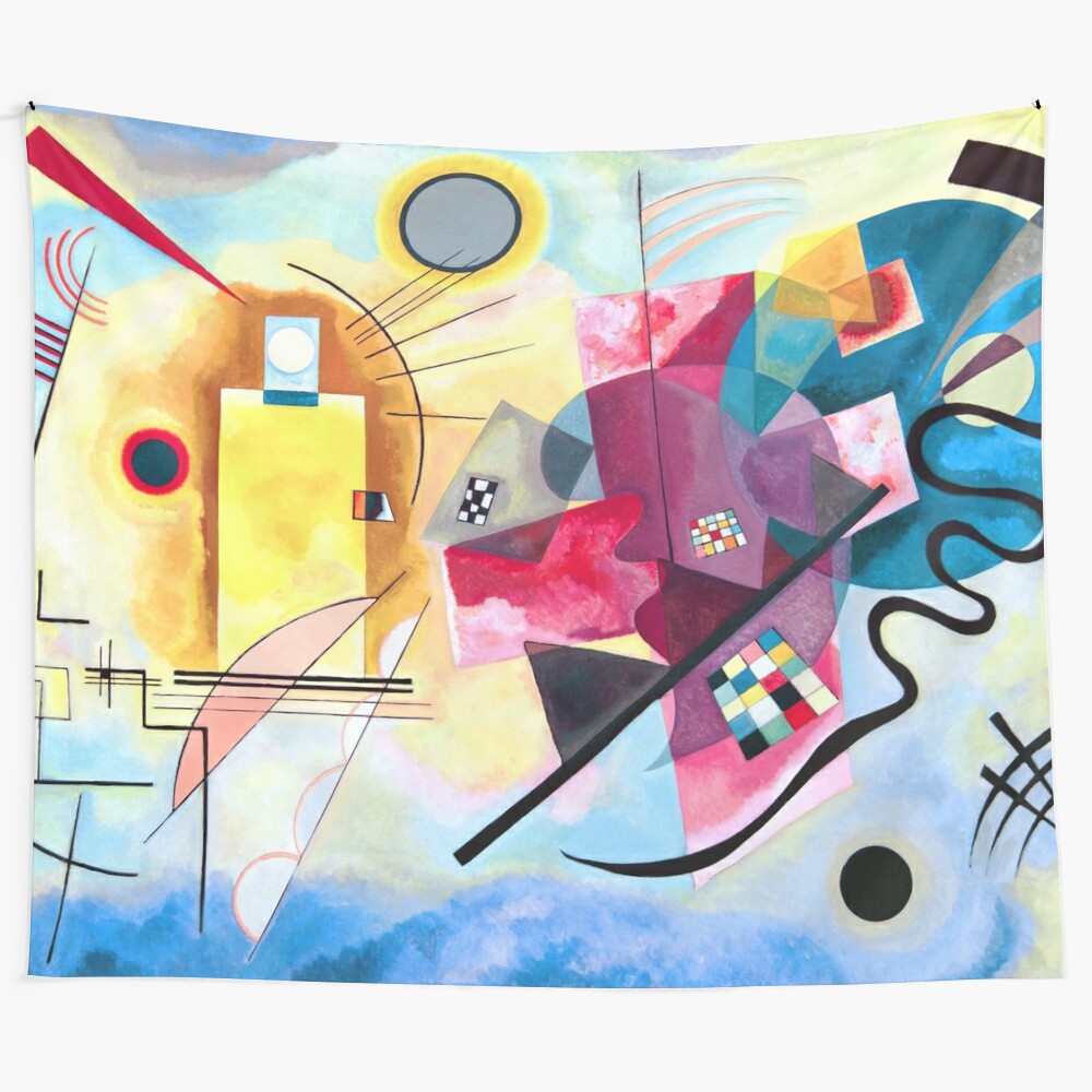 Colorful abstract Kandinsky-style tapestry with geometric shapes and vibrant yellow, red, and blue tones