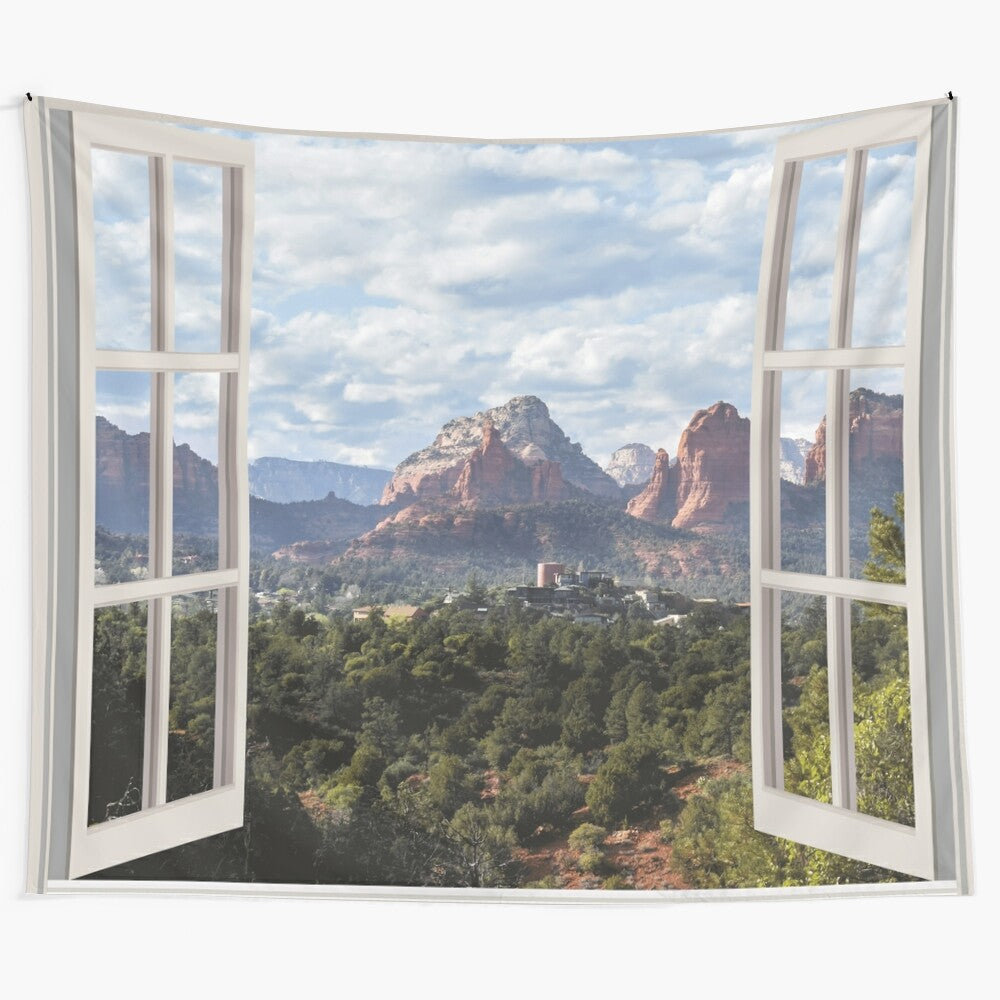 Sedona Window View Tapestry featuring a scenic landscape of mountains, sky, and red rocks