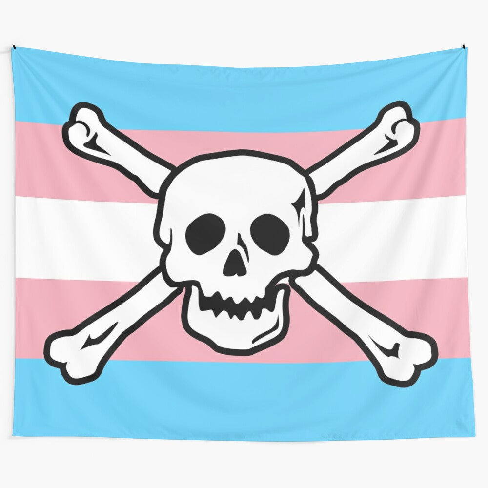 Trans Pirate Pride Tapestry featuring a pirate flag with transgender and LGBTQ+ pride colors