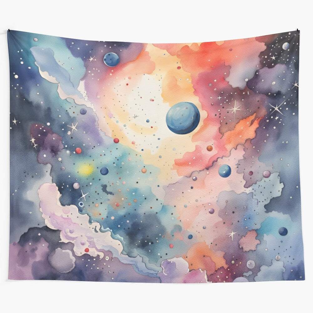 Watercolor space tapestry featuring a captivating galaxy and cosmic landscape