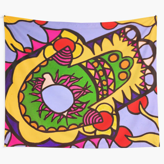 Colorful abstract tapestry with psychedelic sun, eye, and mystic symbols