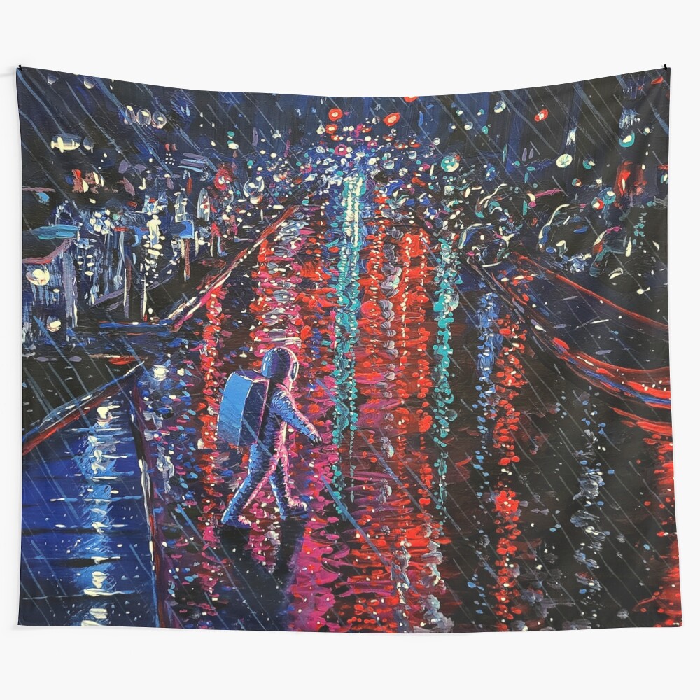 Captivating "When The Rain Falls" tapestry featuring a psychedelic, cosmic cityscape design