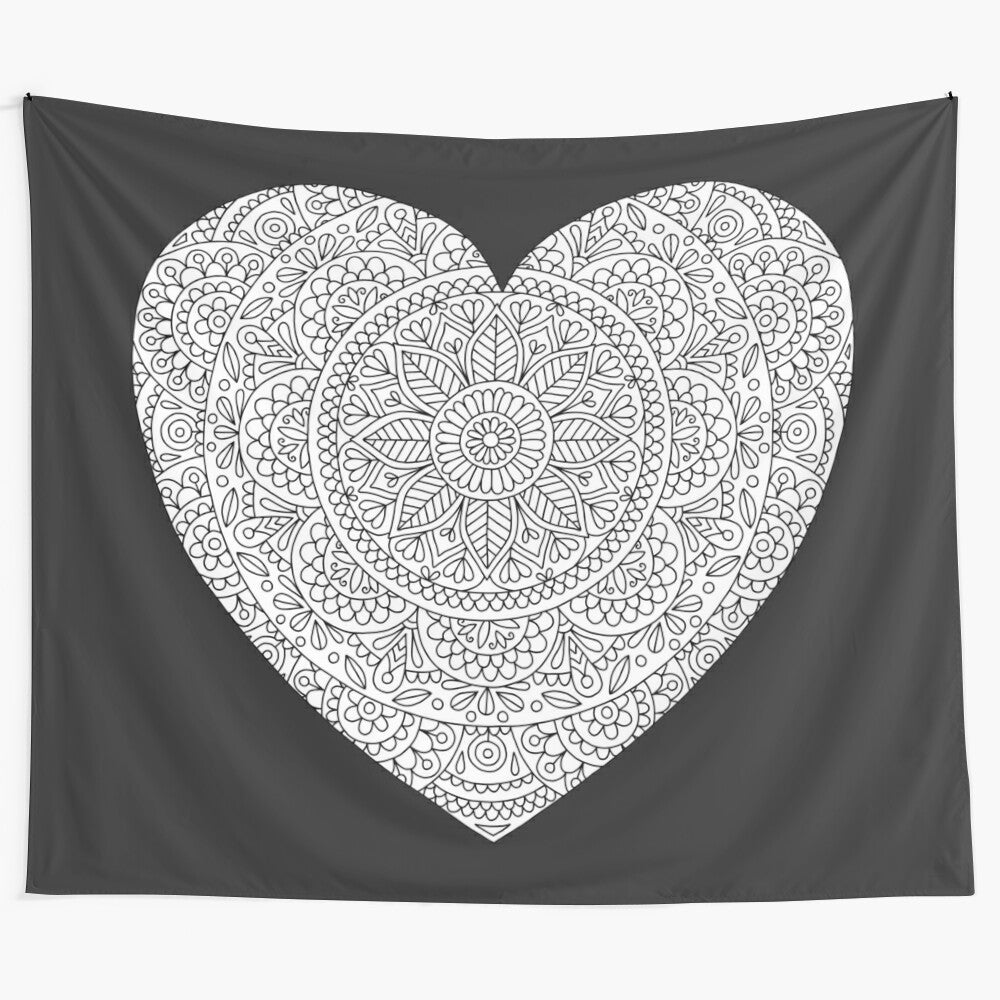 Intricate Mandala Heart Tapestry for Adult Coloring and Mindfulness