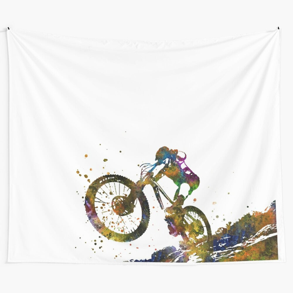 Watercolor painting of a person mountain biking on a trail in the mountains