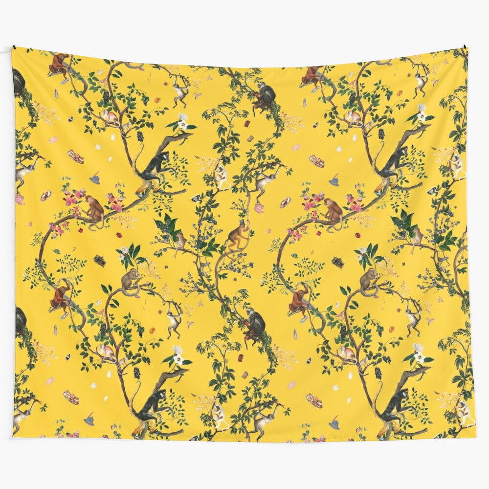 Lush, tropical tapestry featuring a playful monkey design