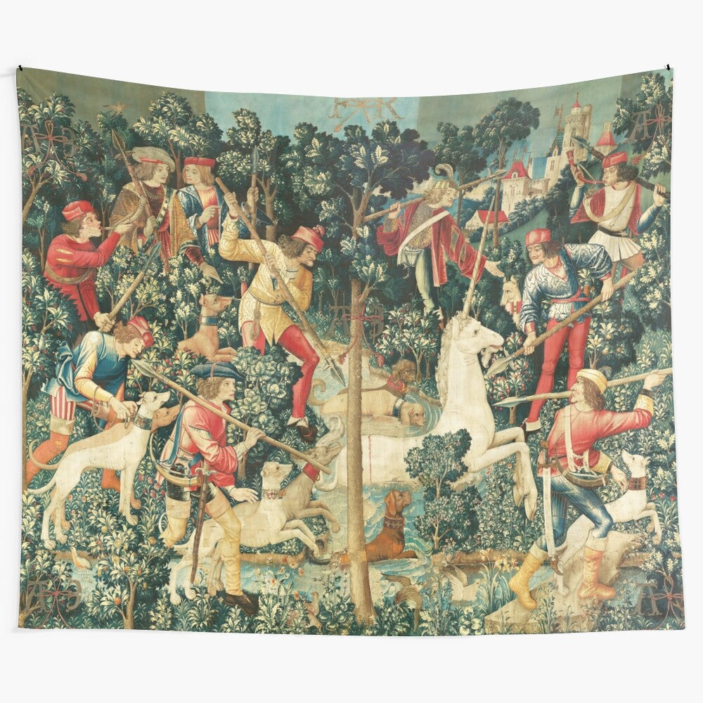 Fantasy tapestry featuring a unicorn surrounded by colorful floral motifs