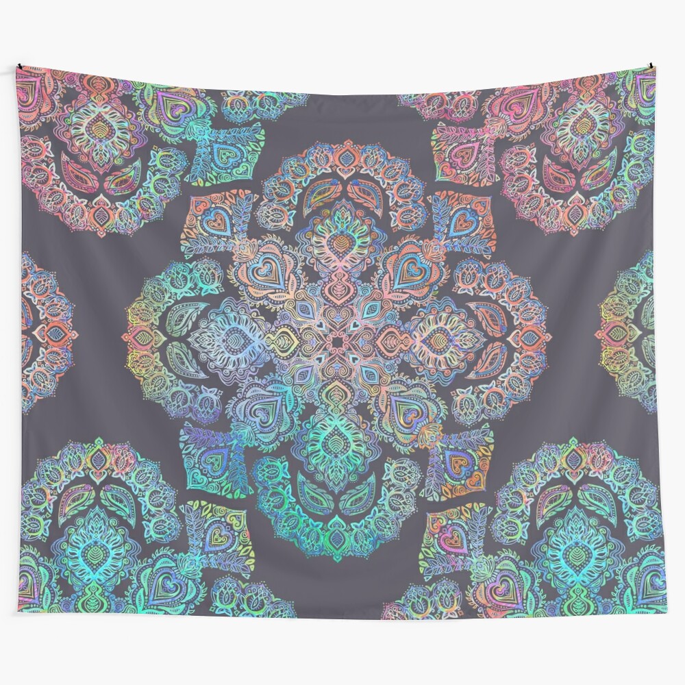 Boho-inspired tapestry with mandala and doodle design