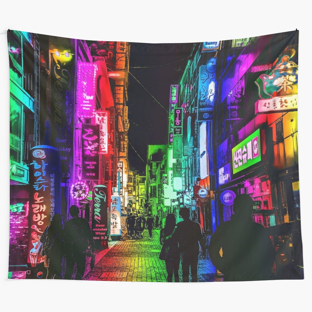 Vibrant neon cityscape tapestry with cyberpunk, retro, and rainbow aesthetics