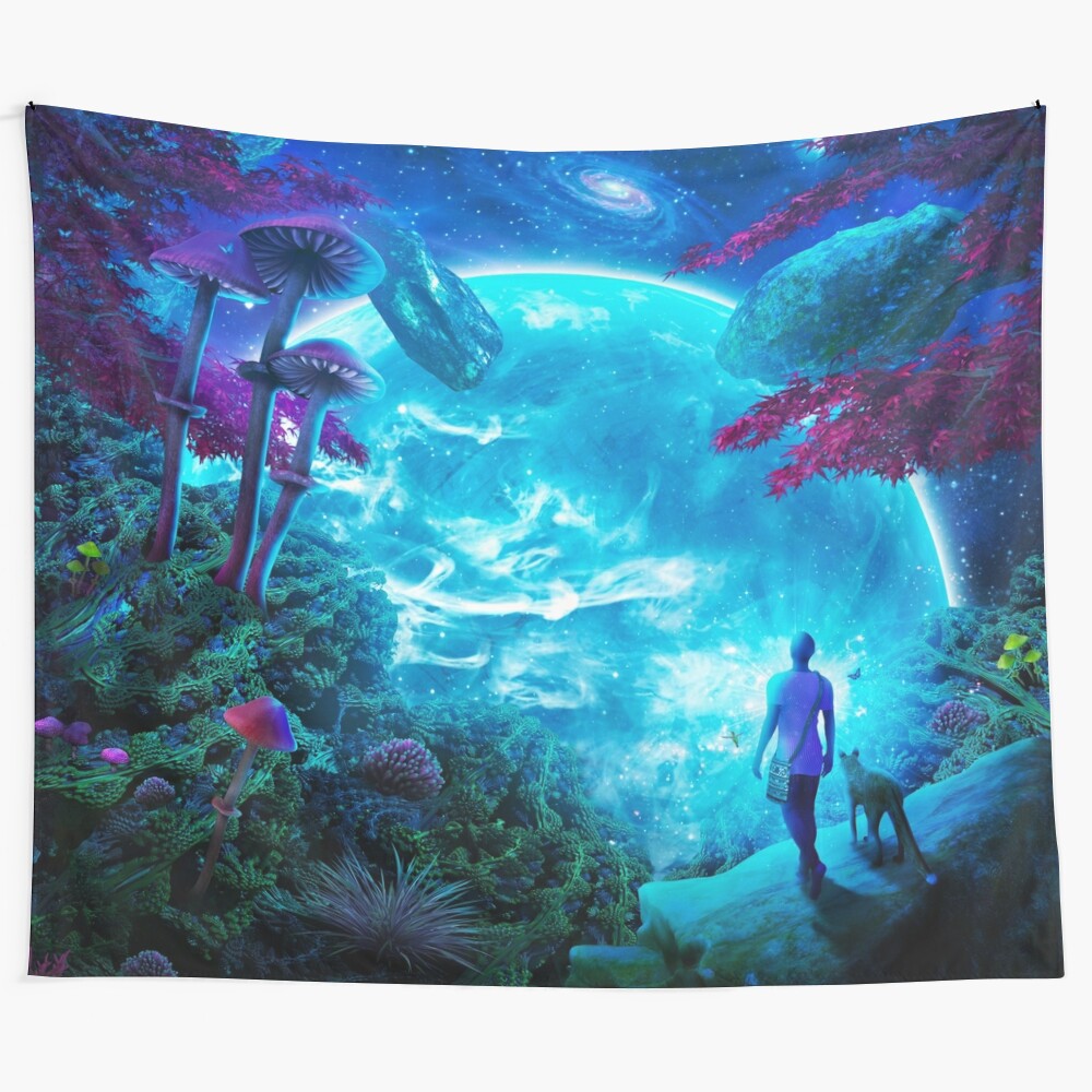 Vibrant fantasy landscape tapestry featuring surreal, psychedelic elements and spiritual symbolism